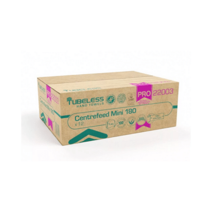 Tubeless PRO 180 Mini tekercses kéztörlő 1 rétegű, fehér, 100% cellulóz, 726lap, 181,5m 12db/zsugor