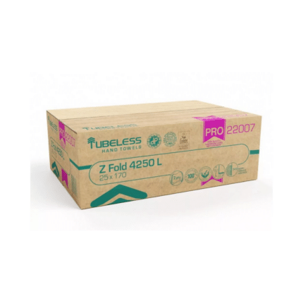 Tubeless Z Hajtogatott kéztörlő 2 rétegű, 100% cellulóz, 20,3x24cm, 25x170 lap 4250 lap/karton