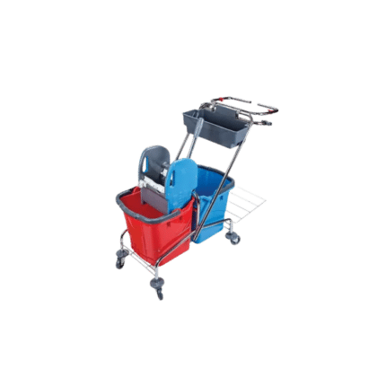 Takarítókocsi, krómvázas, zsáktartóval, 2x18 literes vödörrel